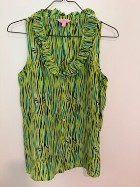 *EUC* Lilly Pulitzer SILK Blouse w/ Ruffle Neck Detail- green/blue